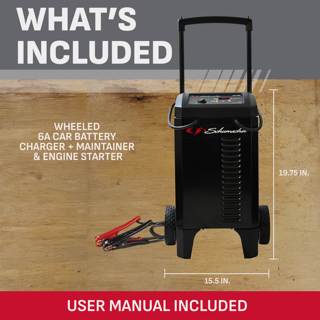 Schumacher Electric Wheeled Automatic 6A Car Battery Charger and 300A Engine Starter, 4-in-1 Solution, Maintainer, 60A Boost, For 6V/12V Power Sport, Automotive, and Marine Batteries, SC1400