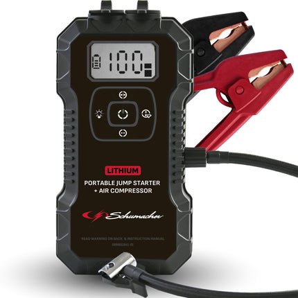 Schumacher Electric 4-in-1 1800A Car Battery Jump Starter and 150-PSI Air Compressor, Portable Power Pack, 2.4A USB Charging, For Power Sport, Automotive, and Marine Batteries, New in Box, SL1686