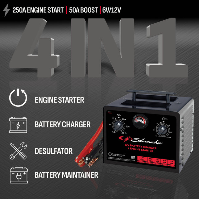 Schumacher Electric Manual 10A Car Battery Charger and 250A Engine Starter, 2-in-1 Solution, 50A Boost, For 6V/12V Power Sport, Automotive, and Marine Batteries, SC1667