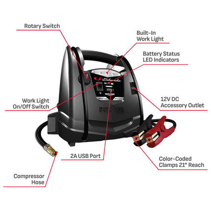 Schumacher Rechargeable AGM Jump Starter for Gas, Diesel Vehicles – 1000 Amps with Air Compressor and 12V DC, USB Power Station