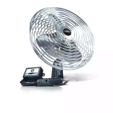 Schumacher Electric 12V Chrome Fan, providing fast cooling and power solutions with a compact design for automotive use.