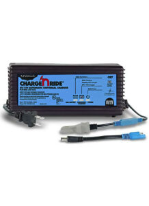 Charge and ride universal charger with blue sticker and cables.