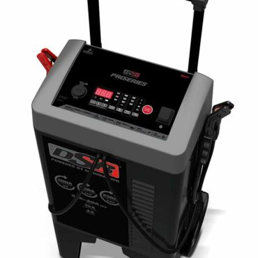 Schumacher Electric pro series 330 amp battery charger / engine starter with color-coded clamps, wheels and a pull handle.