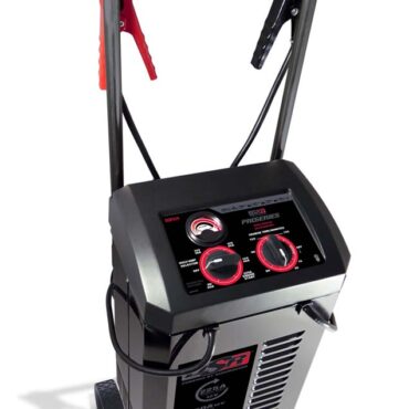 Schumacher Electric pro series 225 amp battery charger / engine starter with color-coded clamps, wheels and a pull handle.