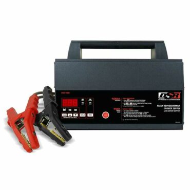 Schumacher Electric 100 amp reprogrammer and battery support with color coded clamps.