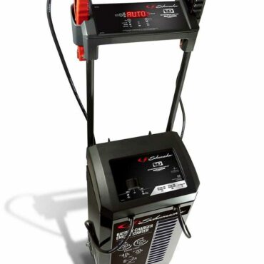 Schumacher Electric 250 amp 12 and 24 volt battery charger and engine starter with extra long handle and color-coded clamps.