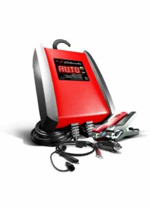 Schumacher Electric 6 amp 12 volt automatic battery charger with color coded clamps and rings.